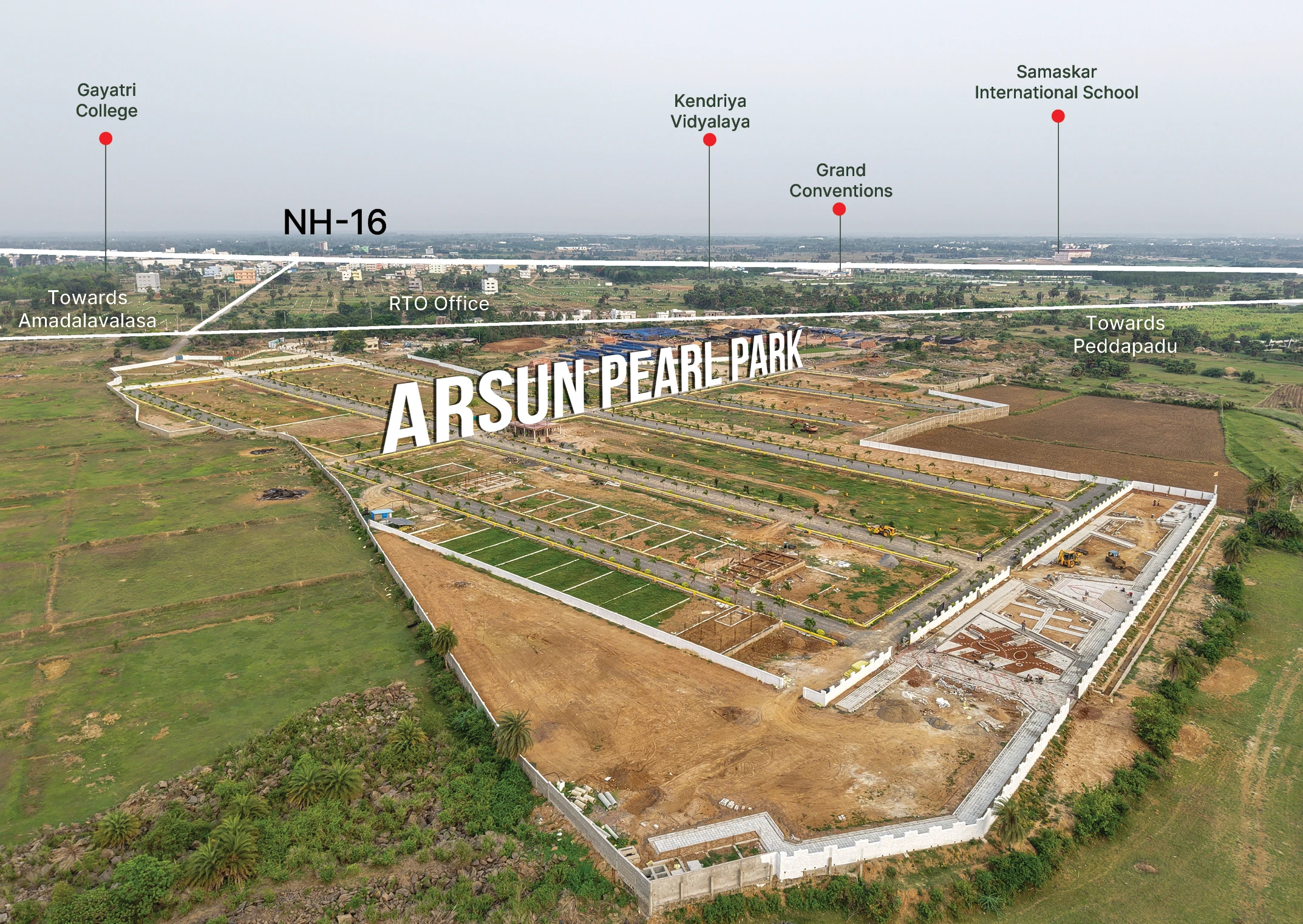 Full width aerial view of Arsun Pearl Park plotted gated community in Srikakulam
